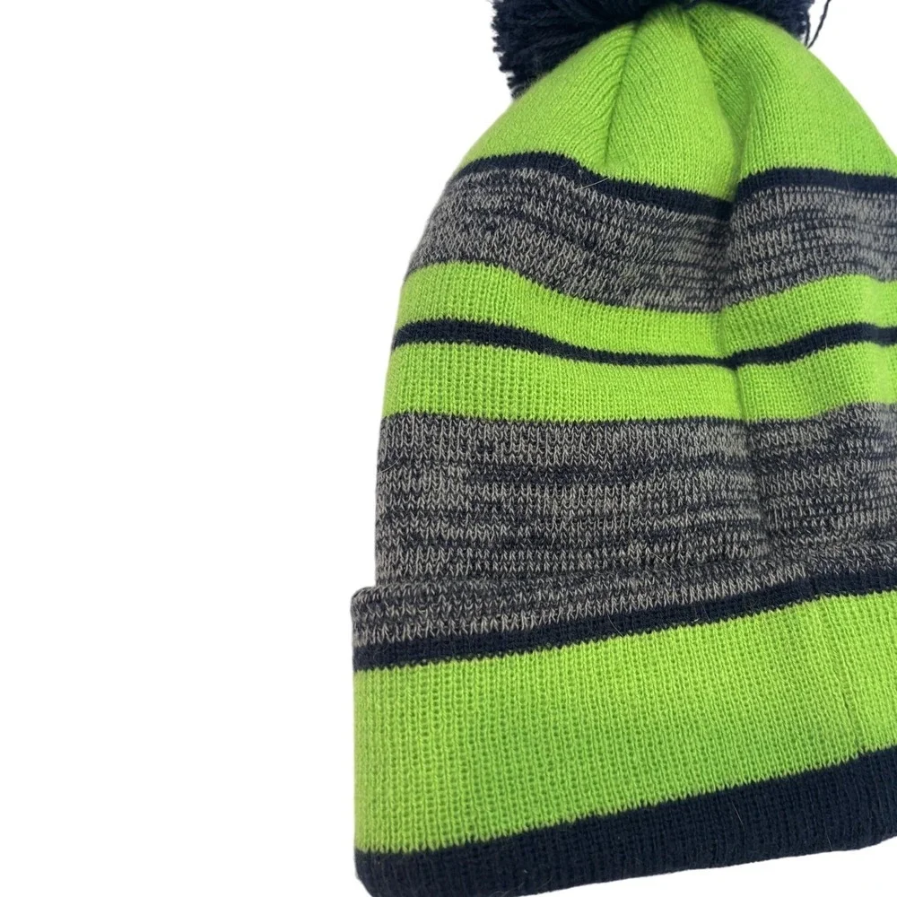 Seattle Seahawks Knit Pom Beanie Green Gray Striped‎ NFL Logo Cuff Winter Hat